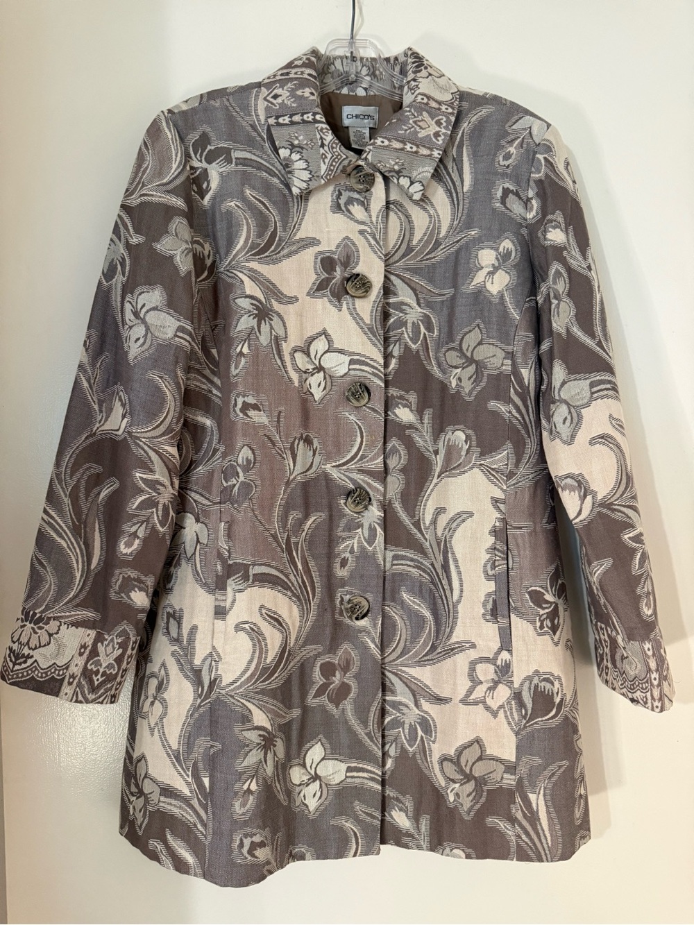 Chico's Floral Jacket Coat Button Down Gray Cream Cotton Wool Blend - Medium